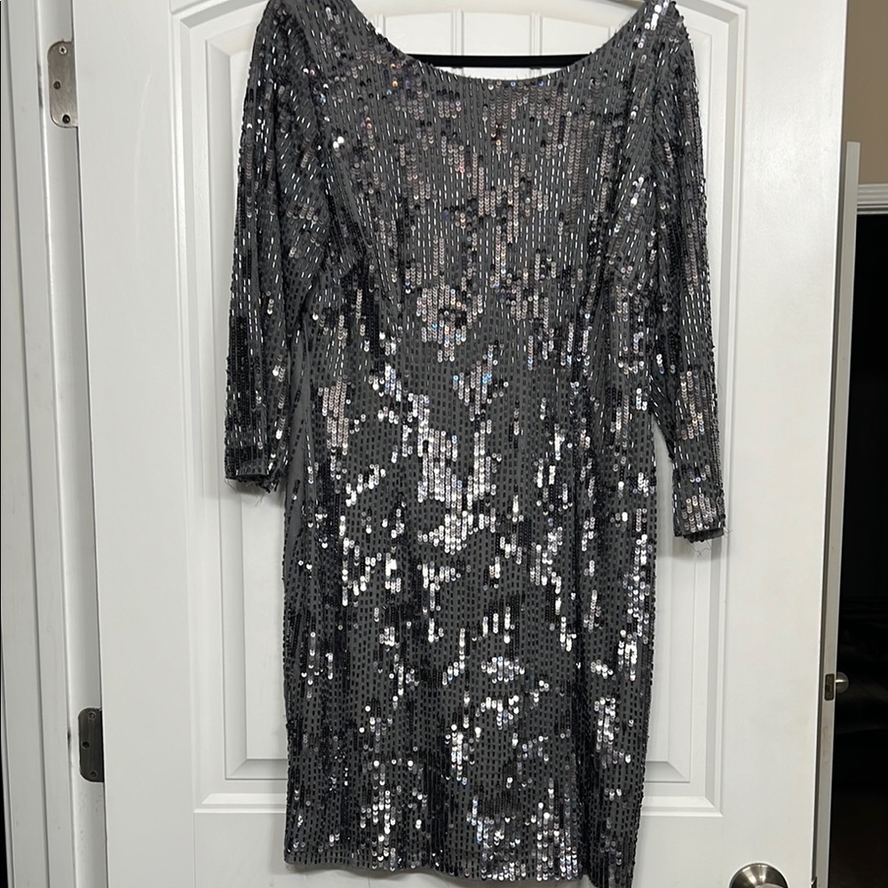 Silver Sequin Sheath Dress with Bateau Neckline